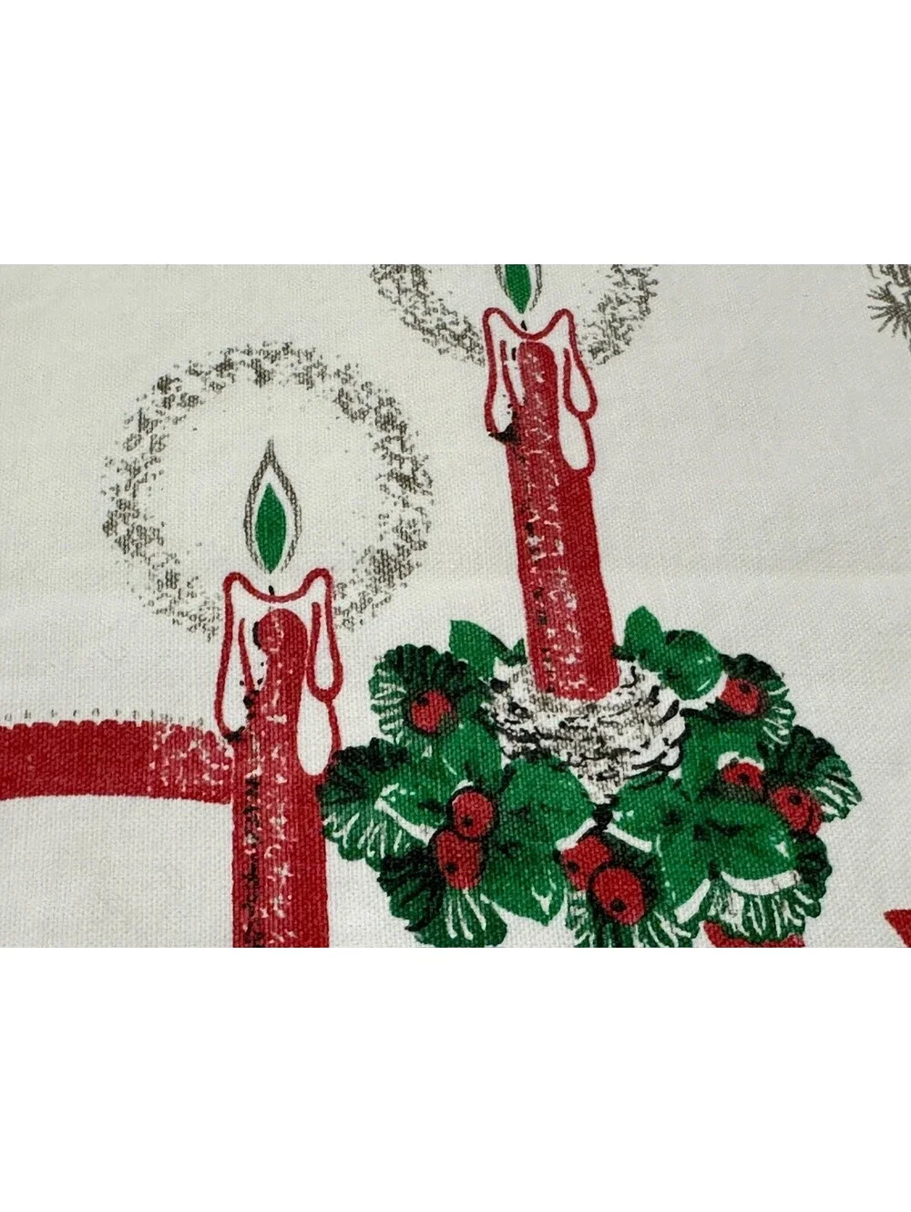 Vintage Christmas Table Runner Wreath Candle Holly Bows Linen? Cotton? 16